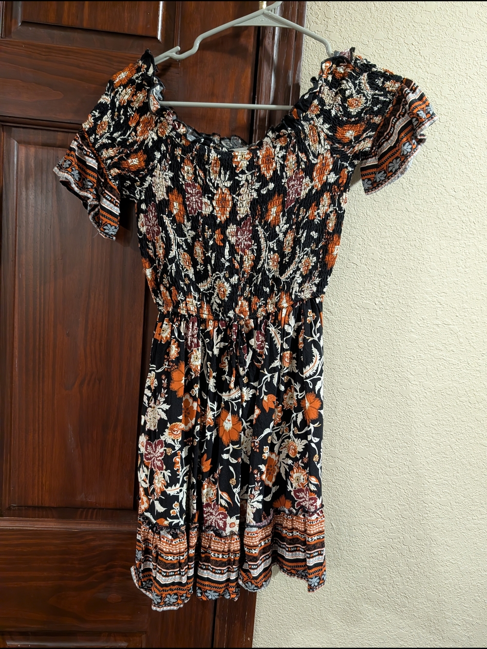 Band of Gypsies Black Floral Off-Shoulder Mini Dress with Orange and Cream